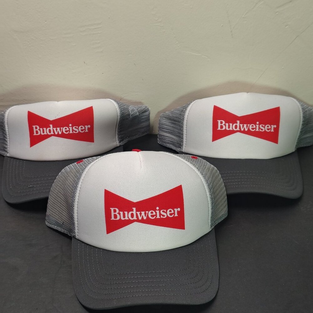 Budweiser Mesh Trucker Hat Cap Snap Back Lot Of Three Gray‎ White Red Logo Mens